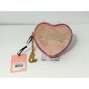Juicy Couture Heart Shaped Pink Wristlet Rhinestone Logo Bag Gold Chain Strap